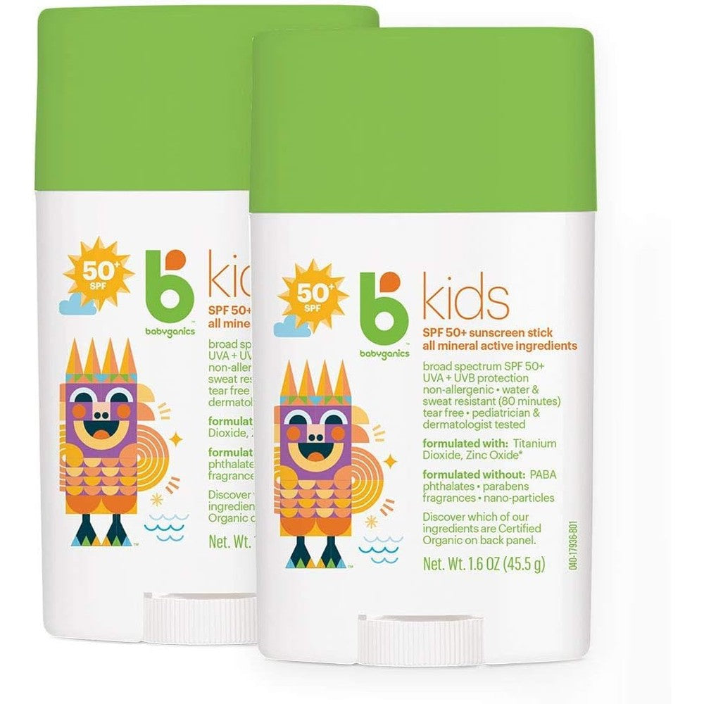 Babyganics SPF 50 kids sunscreen stick twin pack front view for kids sun protection