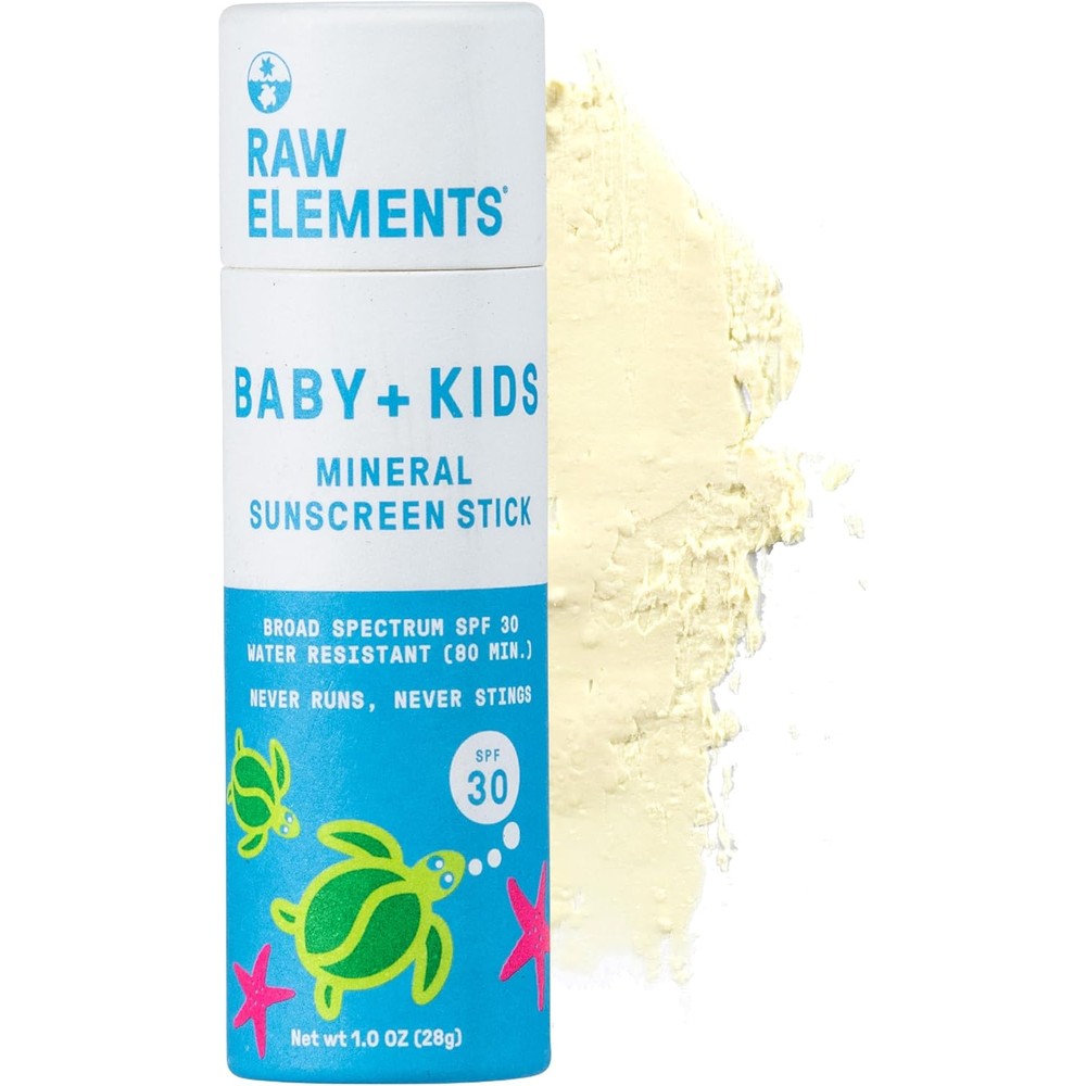 Raw Elements Baby and Kids SPF 30 Organic Sunscreen Stick front view showing zero waste tube packaging.