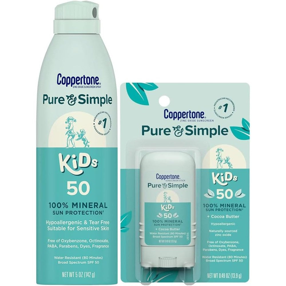 Coppertone Pure and Simple Kids Mineral Sunscreen Spray and Stick bundle front view showcasing the packaging.