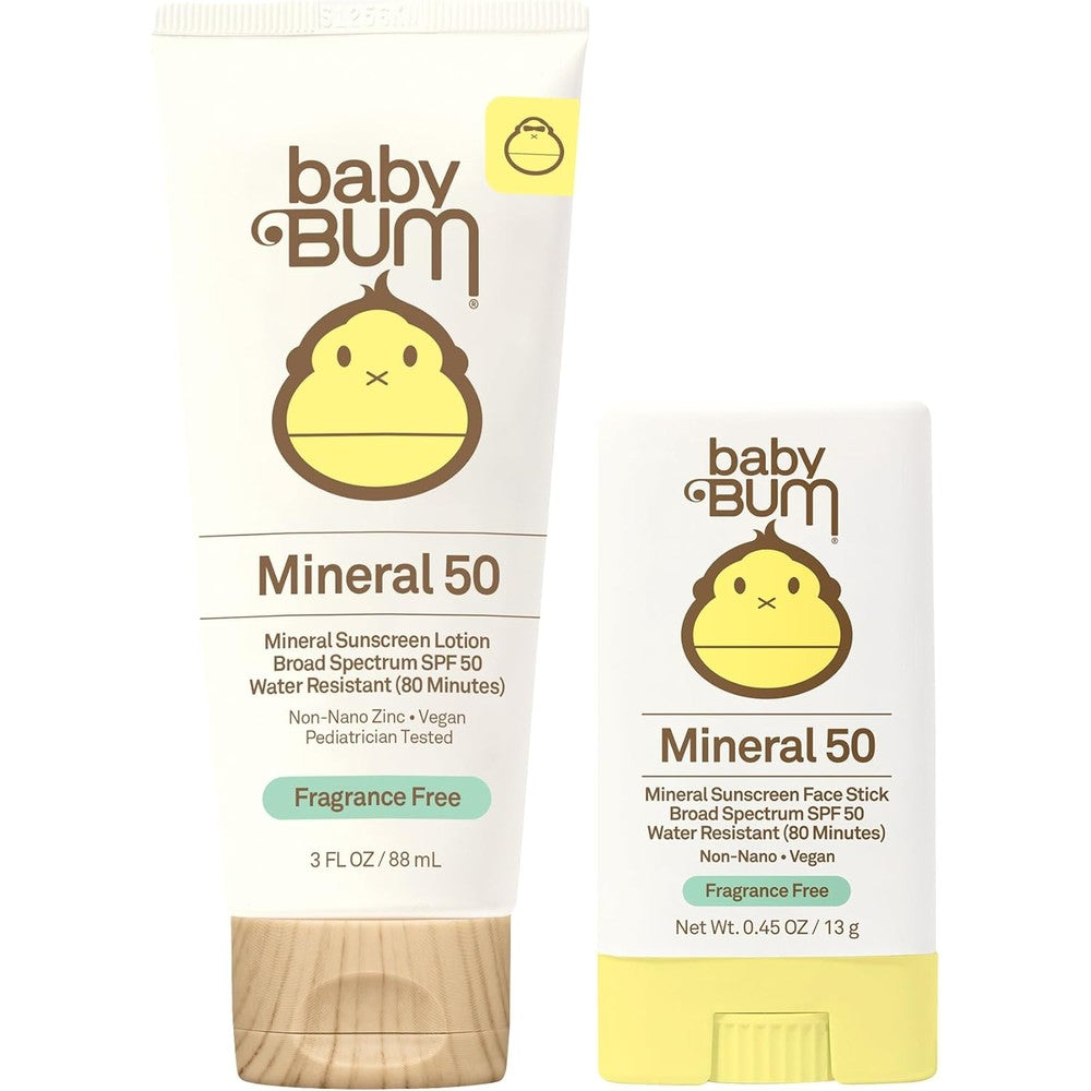 Sun Bum Baby Bum Mineral Sunscreen SPF 50 Face Stick and Lotion packaging front view showcasing the iconic yellow and white design.