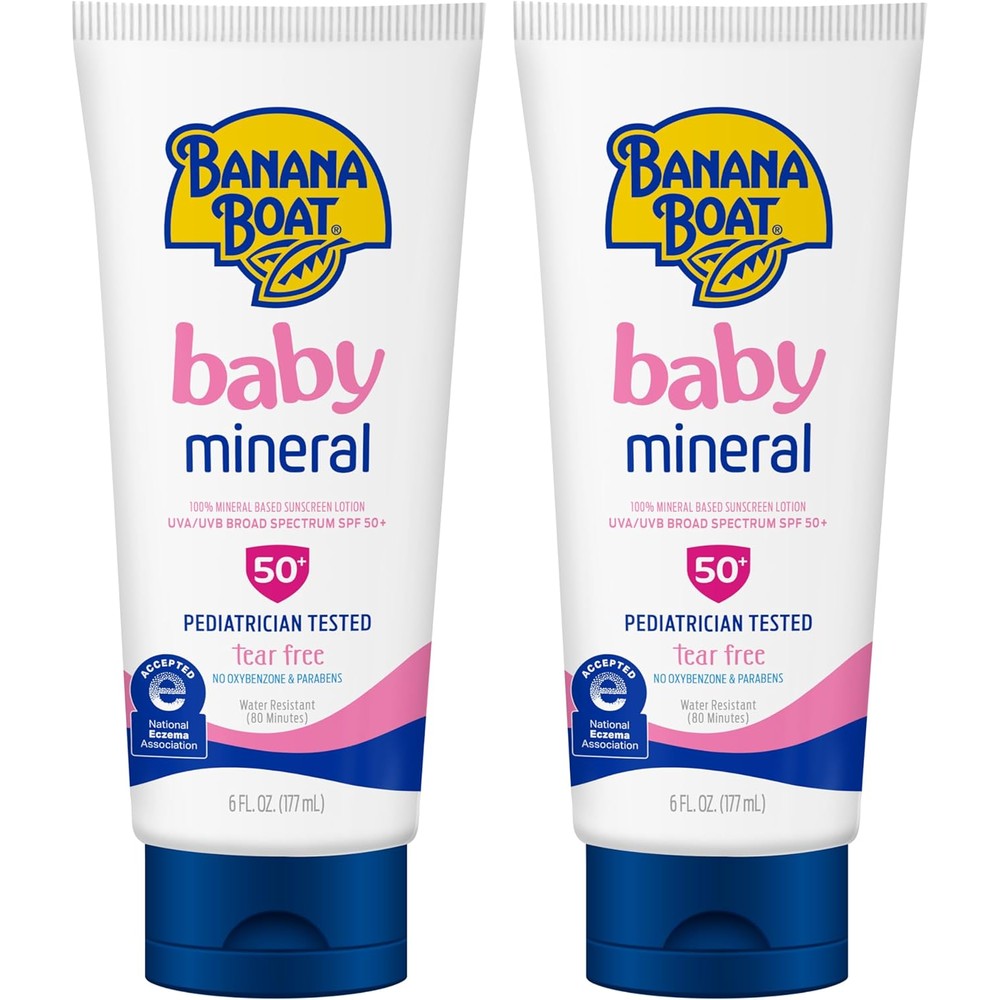 Banana Boat Mineral Baby Sunscreen Lotion SPF 50 Twin Pack front view showing the packaging.