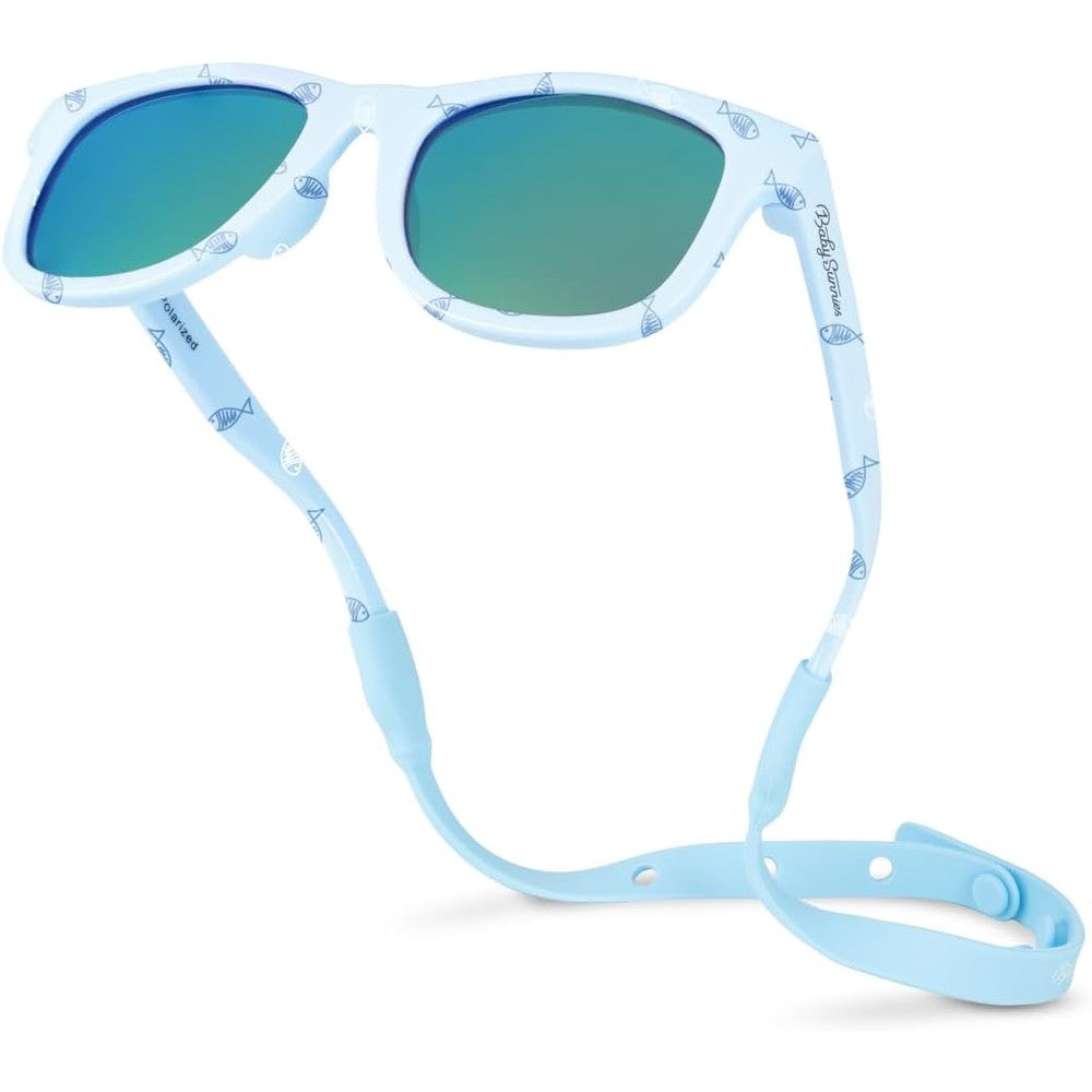 Baby Sunnies polarized sunglasses front view with blue fish pattern