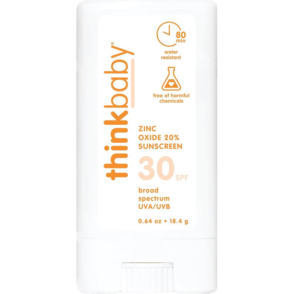 Thinkbaby Mineral Sunscreen Stick SPF 30 front view of the white and orange pocket-sized packaging