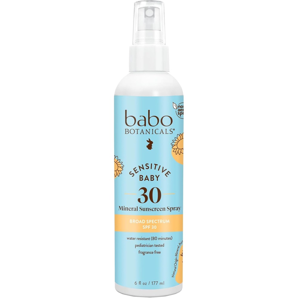 Babo Botanicals Sensitive Baby Mineral Sunscreen Spray front view showing the six fluid ounce bottle