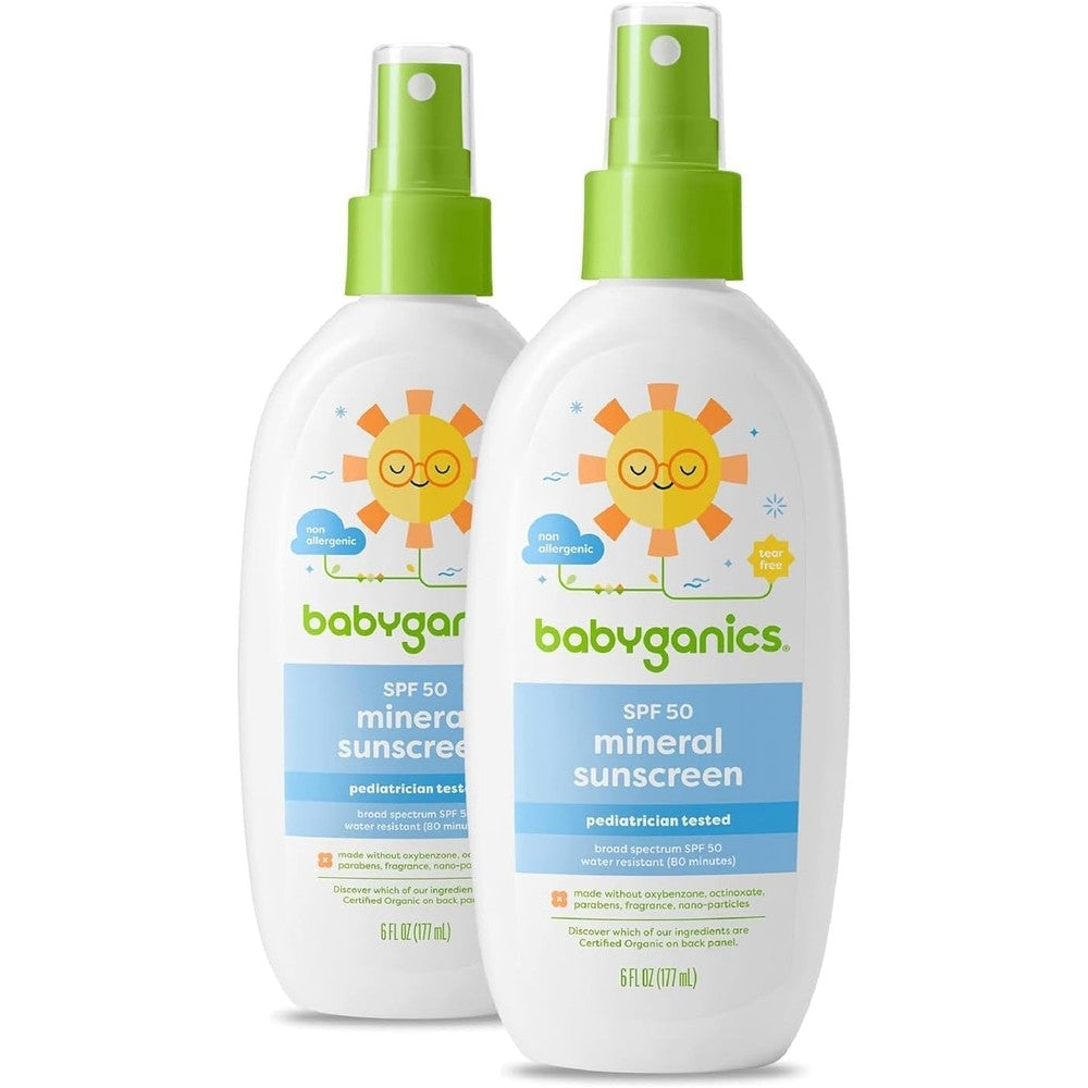 Babyganics SPF 50 Baby Sunscreen Spray front view showing mineral sun protection packaging