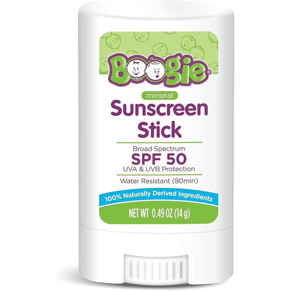 Boogie Block Baby Mineral Sunscreen Stick front view packaging showing SPF fifty label