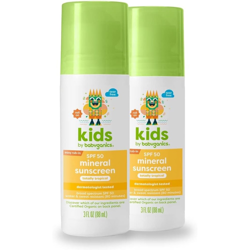 Babyganics SPF 50 Kids Mineral Sunscreen Roller Ball front view pack of two