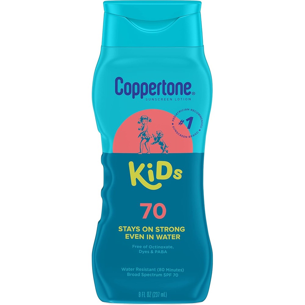Coppertone Kids Sunscreen Lotion SPF 70 front view teal bottle
