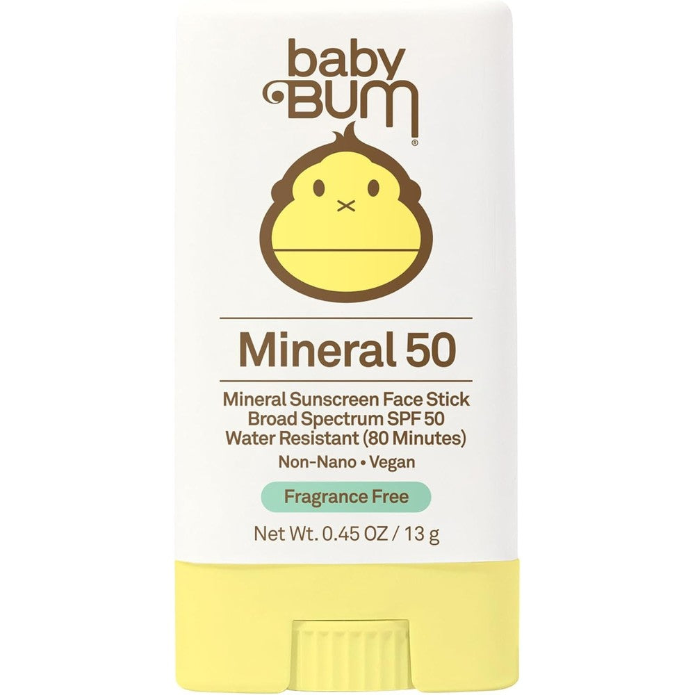 Sun Bum Baby Bum Mineral Sunscreen Stick SPF 50 front view pack shots for sensitive baby skin protection.