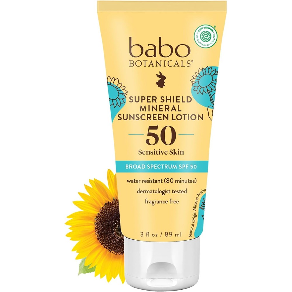 Babo Botanicals Sheer Mineral Sunscreen Lotion SPF 50 front view of 3 fluid ounce tube