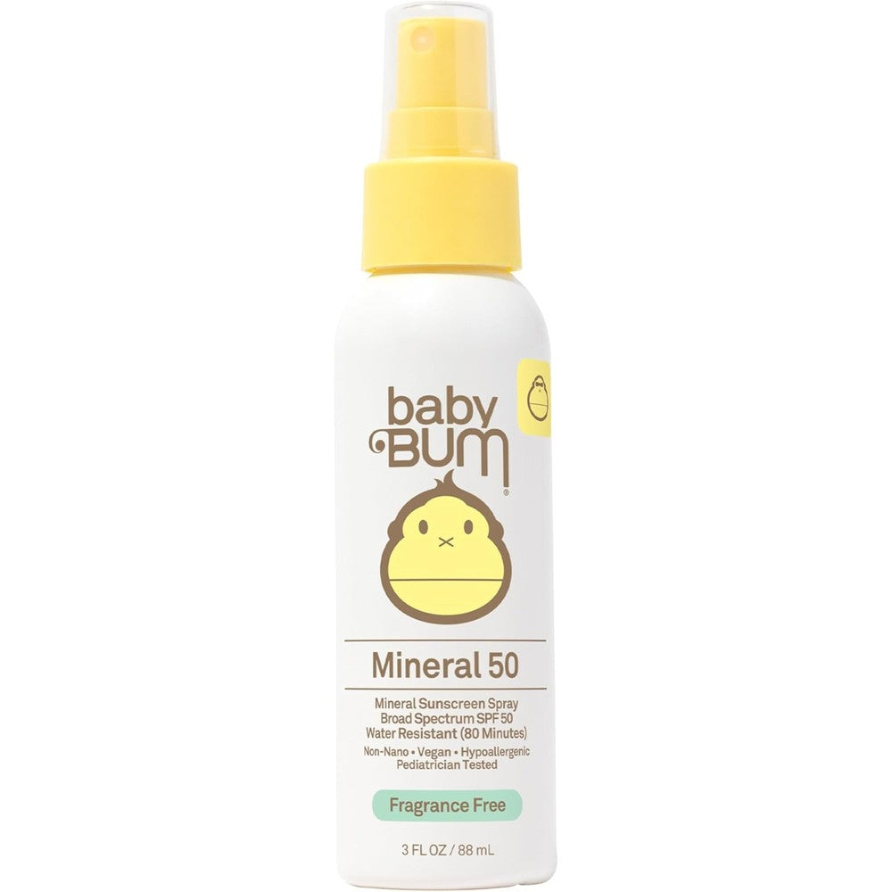 Sun Bum Baby Bum SPF 50 Mineral Sunscreen Spray front view white bottle yellow cap