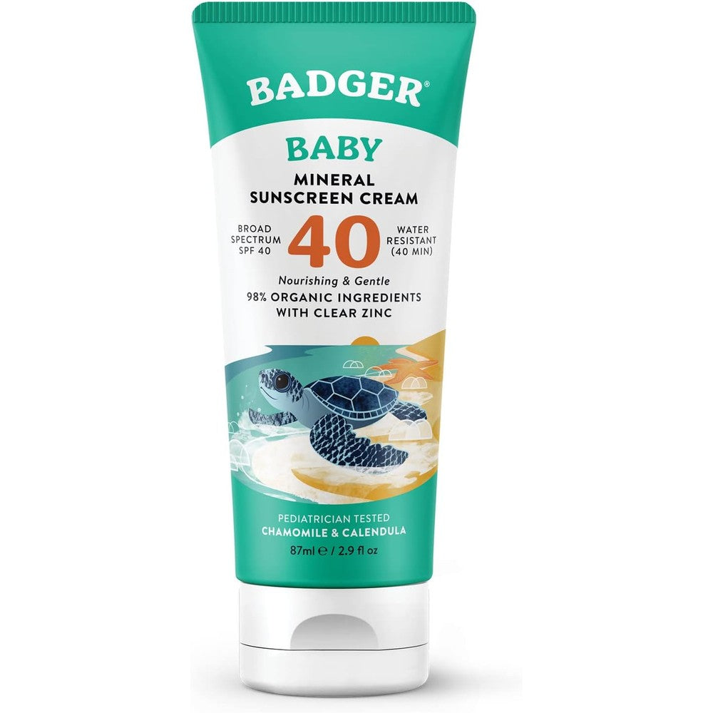 Badger Mineral Baby Sunscreen Cream SPF 40 front view of the 2.9 fluid ounce tube on a clean background.