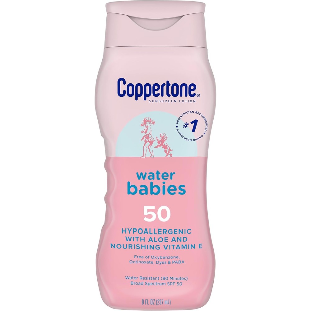 Coppertone WaterBabies Baby Sunscreen Lotion SPF 50 front view of 8 fluid ounce bottle