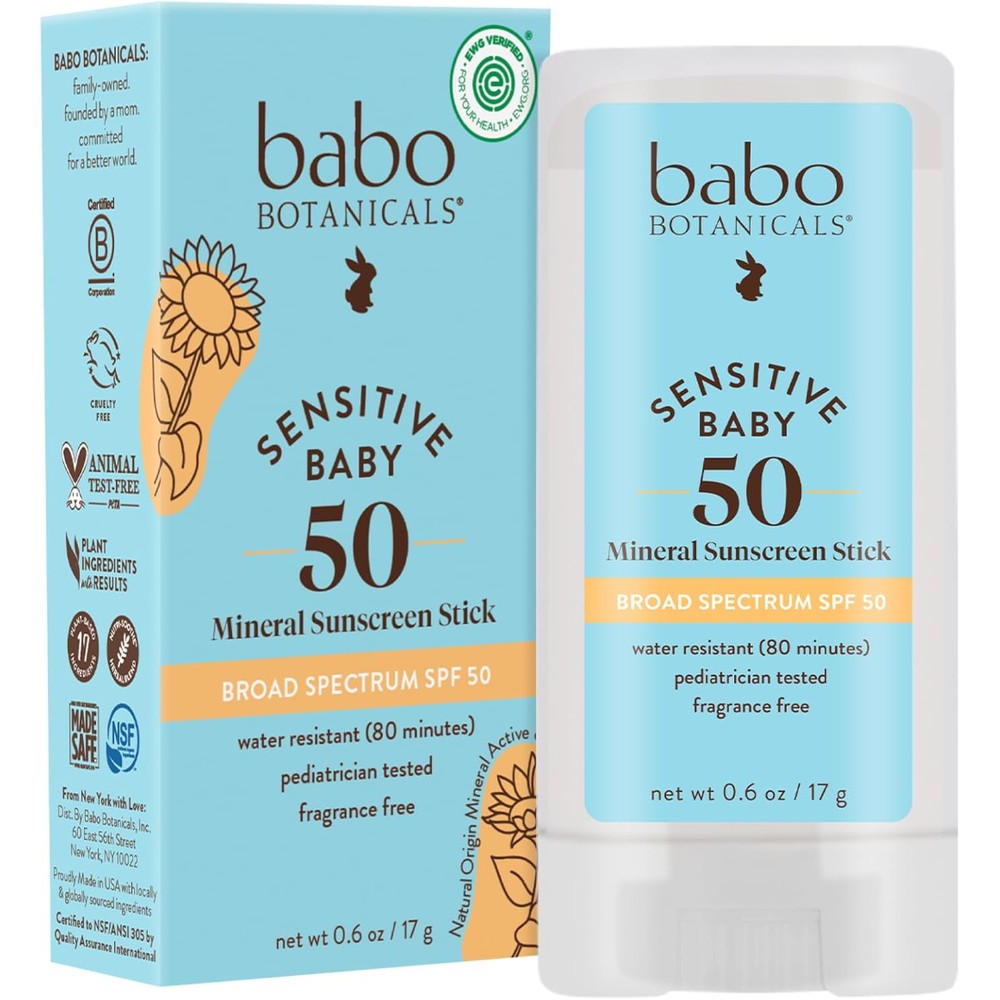 Babo Botanicals Sensitive Baby Mineral Sunscreen Stick front view showcasing the packaging and SPF 50 rating