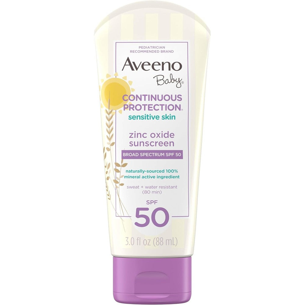 Aveeno Baby Continuous Protection Zinc Oxide Mineral Sunscreen Lotion three fluid ounce front bottle view.