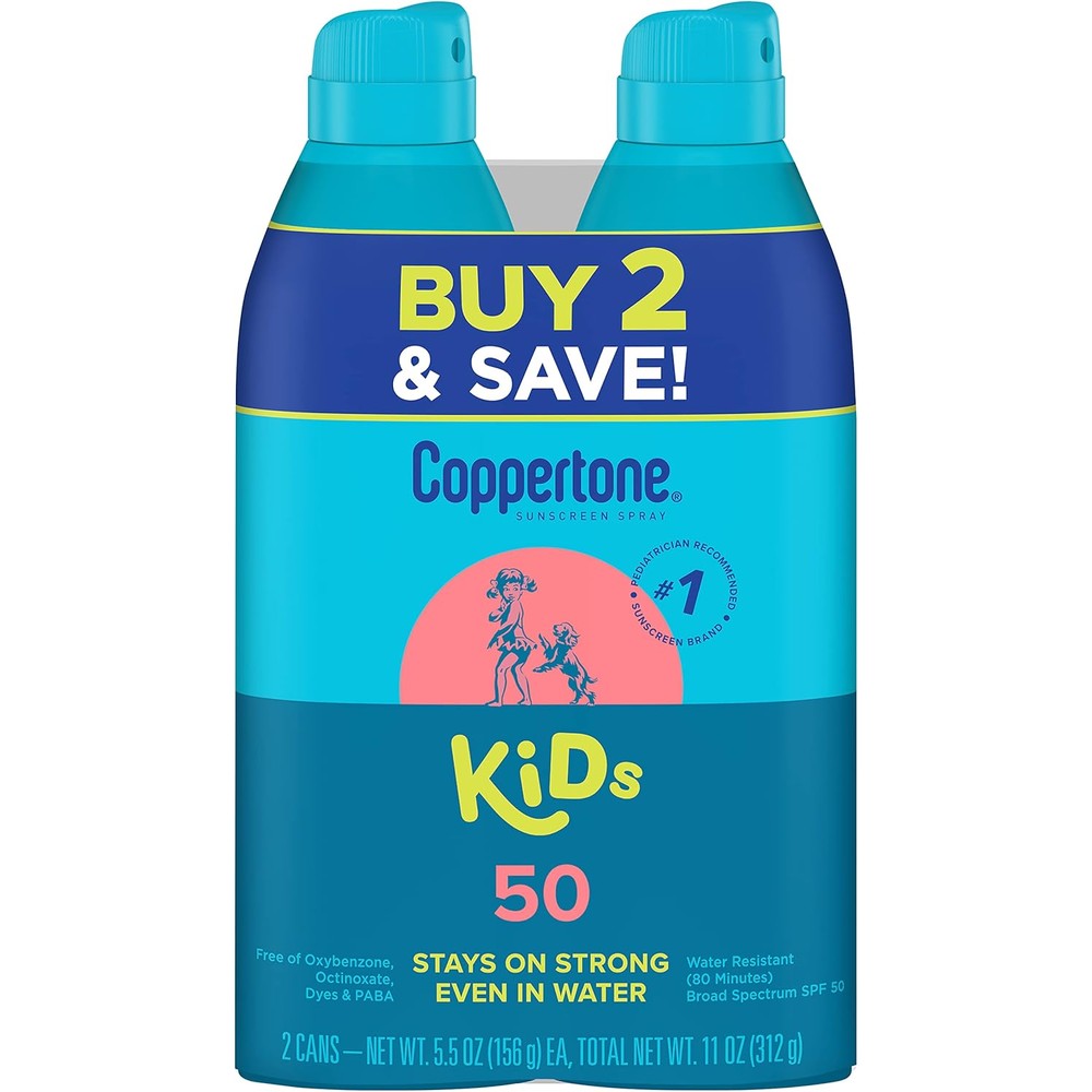 Coppertone Kids Sunscreen Continuous Spray SPF 50 twin pack front view showing packaging details.