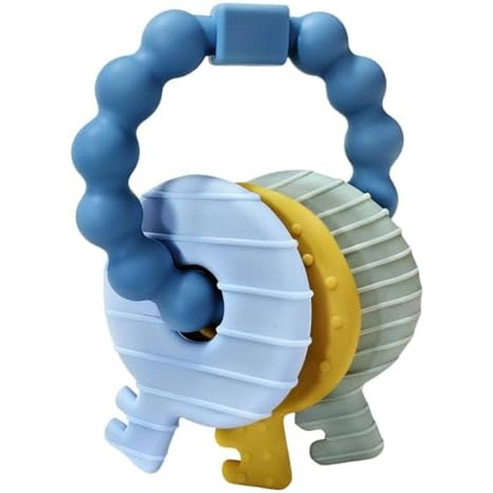 Intatikoo baby keys teether toy deep blue front view showcasing textured silicone rings.