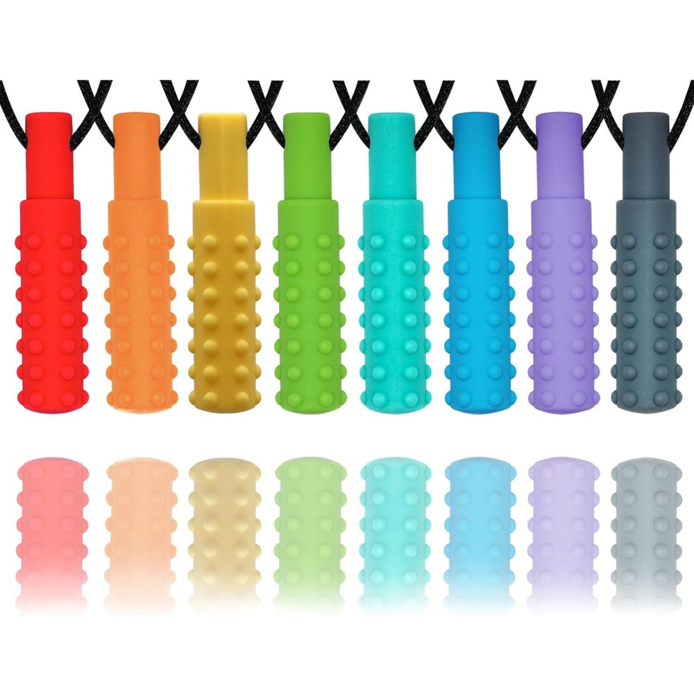 Hoaisun sensory chew necklaces 8 pack front view displaying all eight colorful silicone pendants.