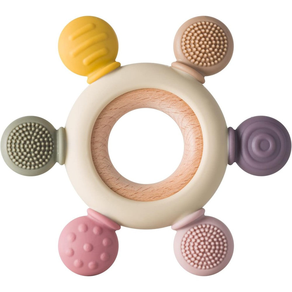 Arudyo baby teething toy front view showing khaki silicone rudder and central wooden ring