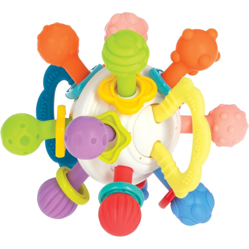 Nuby Twist Ball Teether front view showing the central rattle sphere and colorful textured loops.