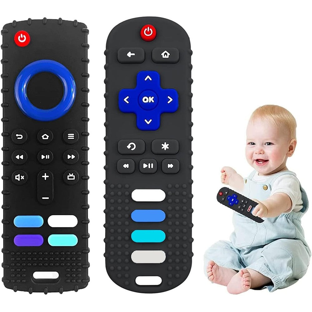 ERSIHUA baby teething toys TV remote control shape front view showing colorful textured buttons.
