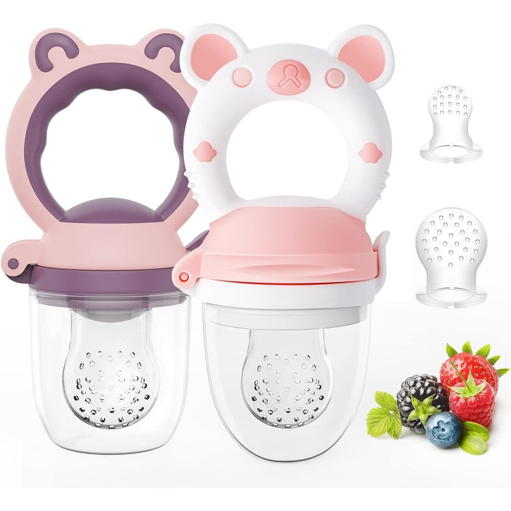 HAOBAOBEI baby fruit feeder pacifier front view showing pink and blue animal handles