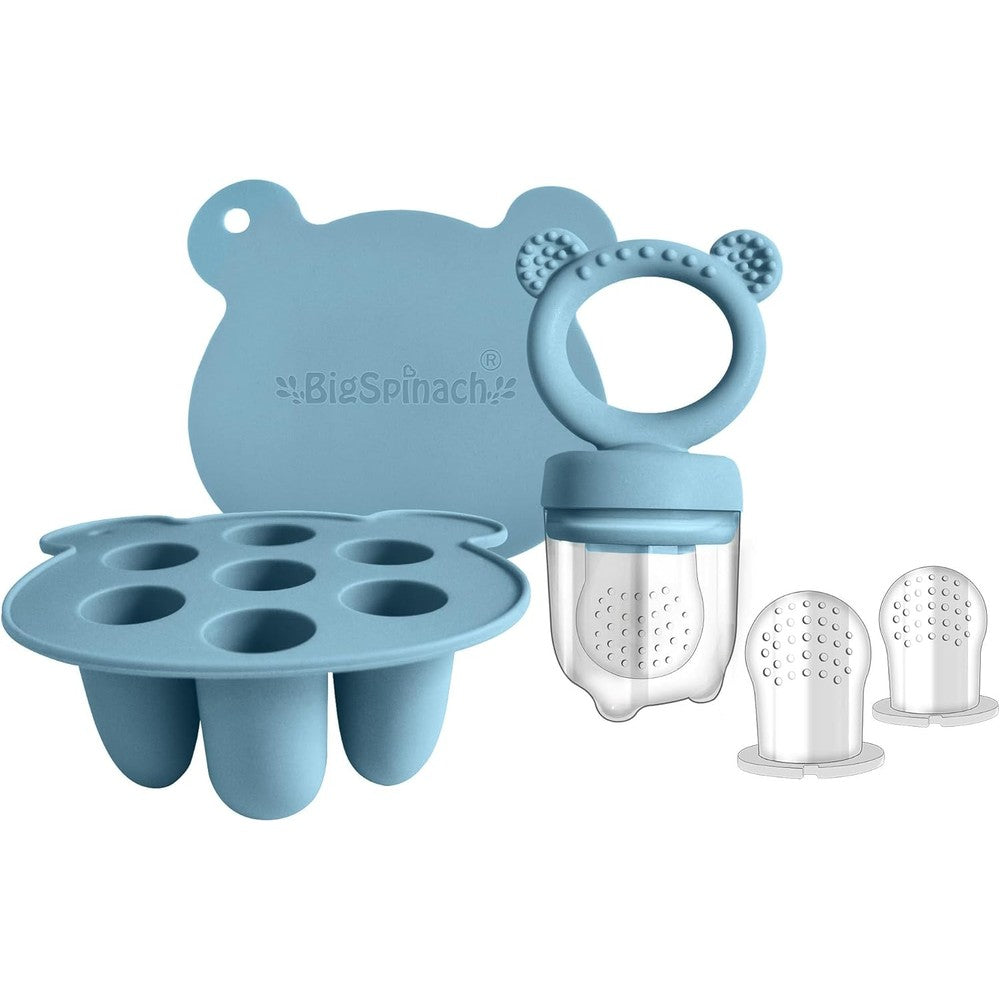 BIGSPINACH baby food feeder pacifier blue front view on clean background