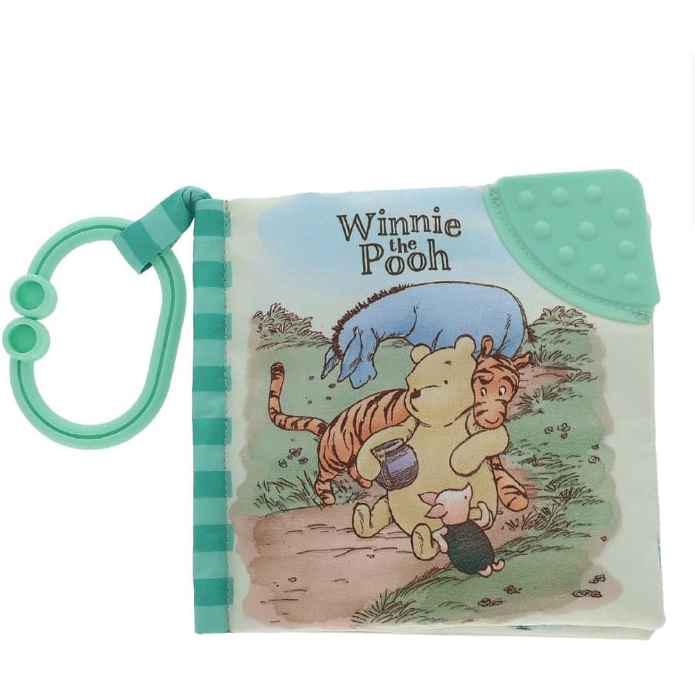 Kids Preferred Winnie the Pooh soft book front view featuring classic character illustrations and green travel clip.