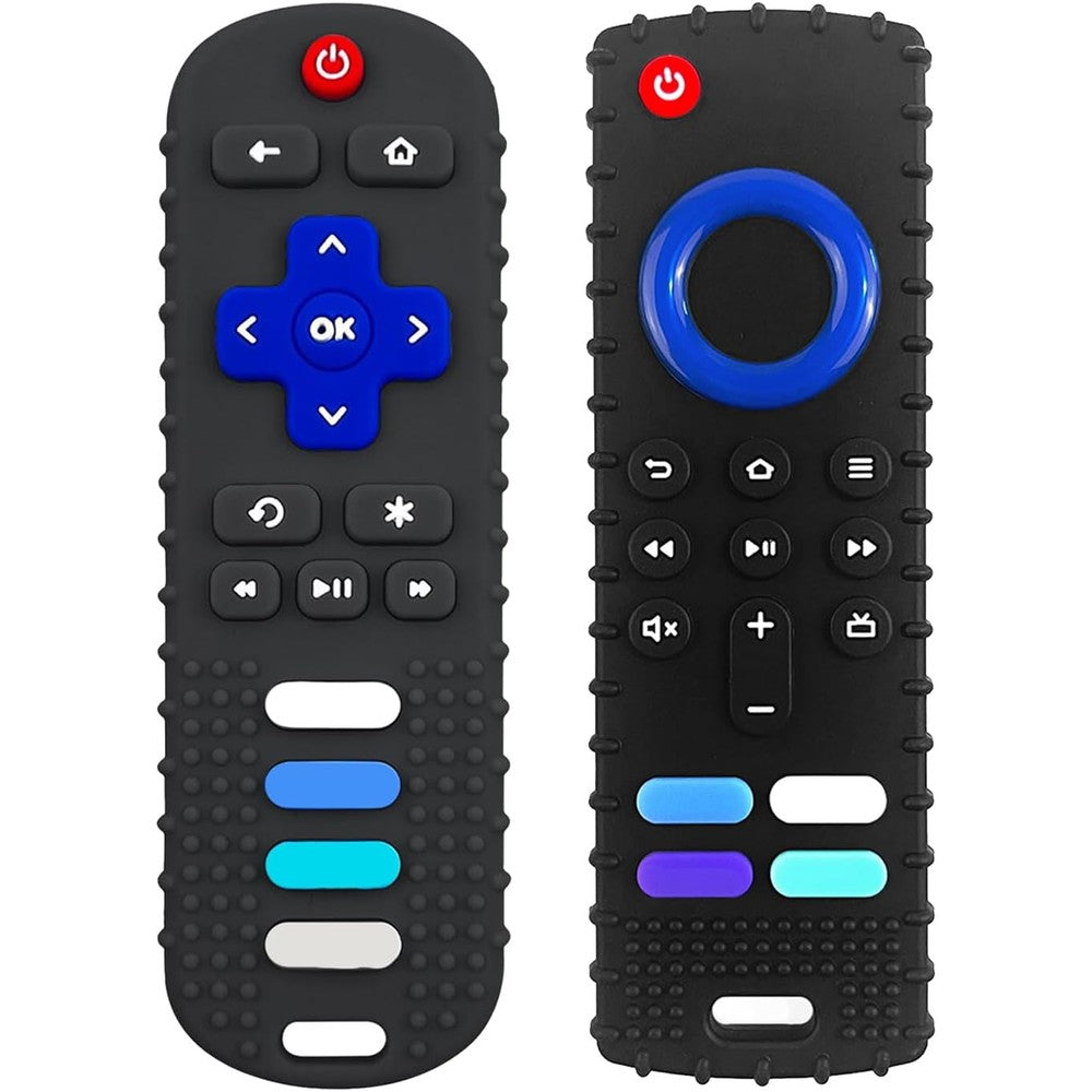 ERSIHUA silicone remote control teething toys front view showing realistic black button texture for baby gum relief