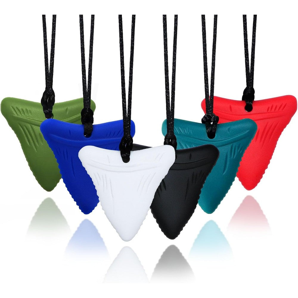 MaberryTech Direct sensory chew necklaces 6 pack front view showcasing multicolored shark tooth pendants.