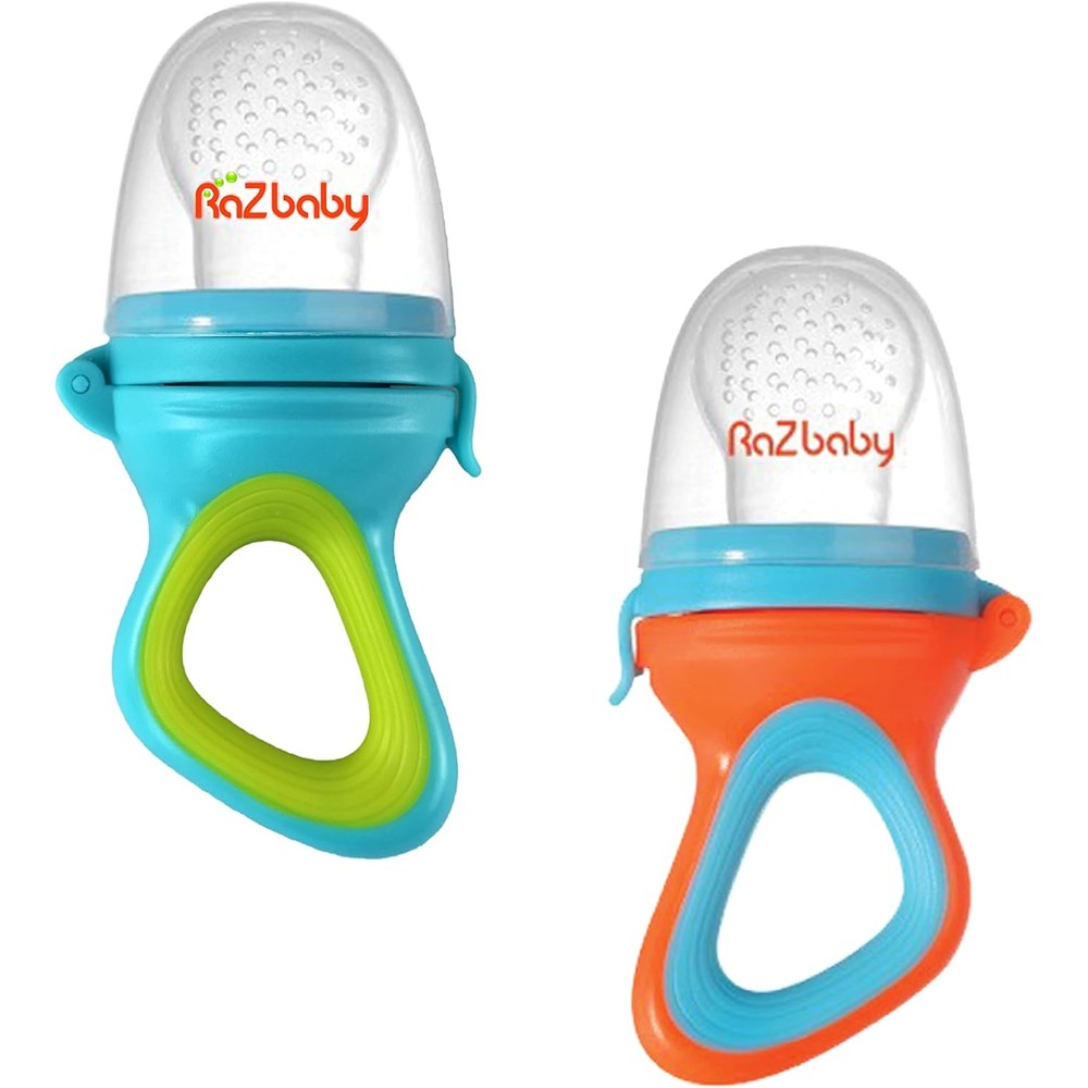 RaZbaby Baby Solids Frozen Fruit Feeder Pacifier front view blue and orange colors