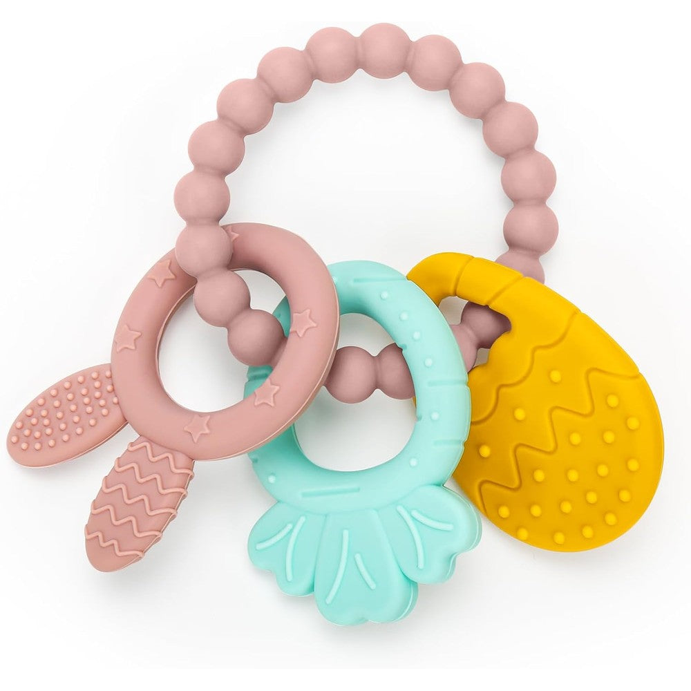 MISSLILI Easter Silicone Teething Toy front view pink beaded ring with rabbit charms