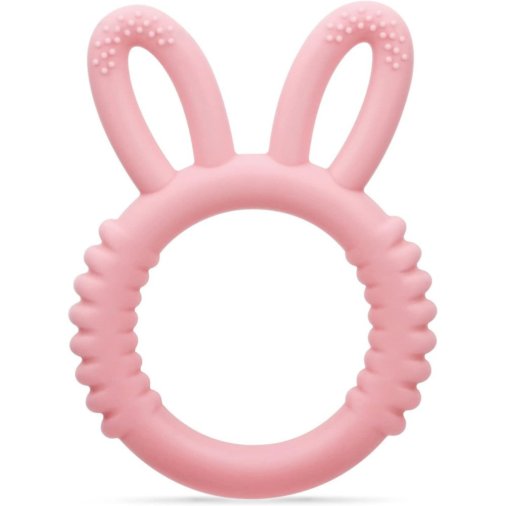 MISSLILI silicone baby teether front view of pink rabbit ear teething toy for infants