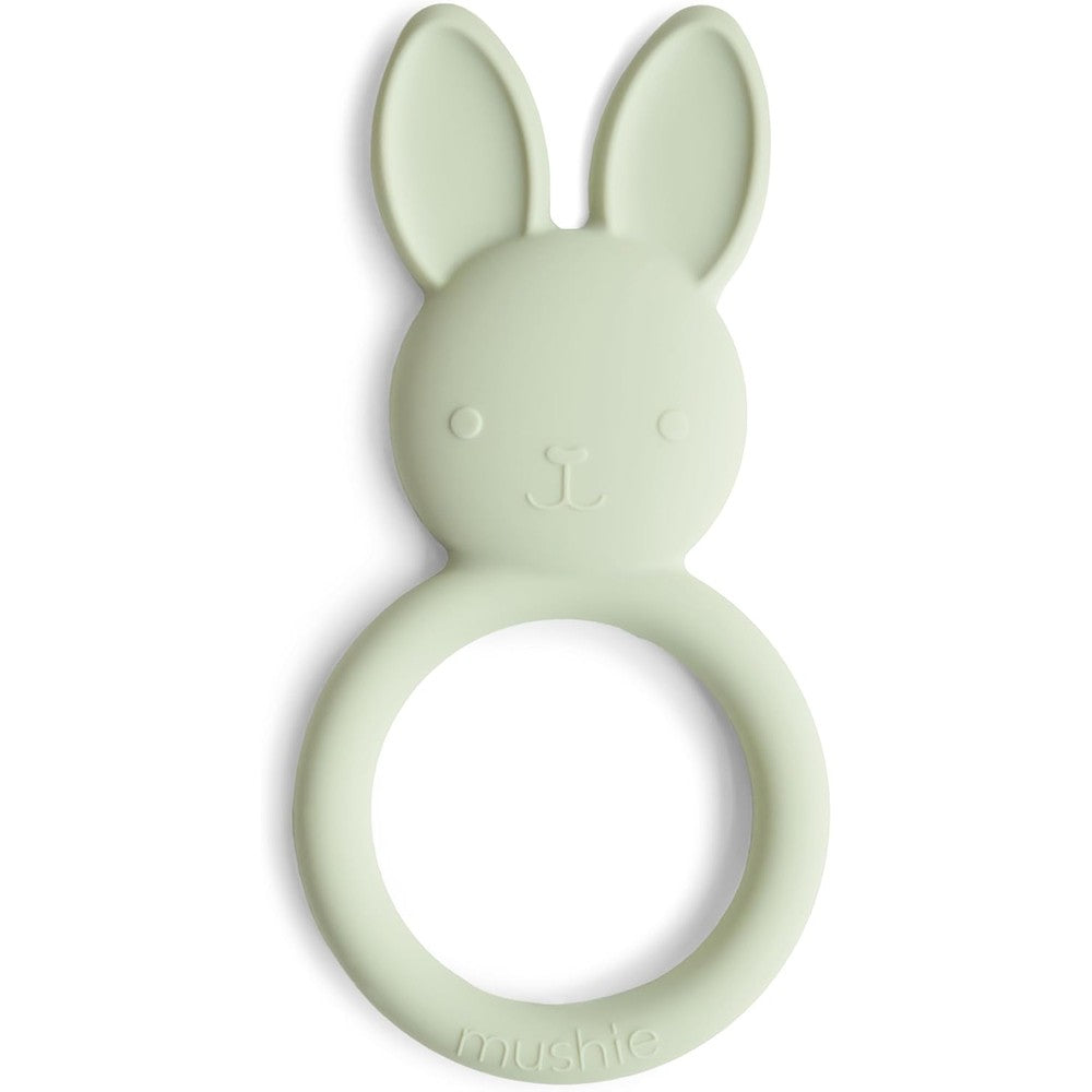 Mushie silicone baby teether toy bunny design in sage green front view