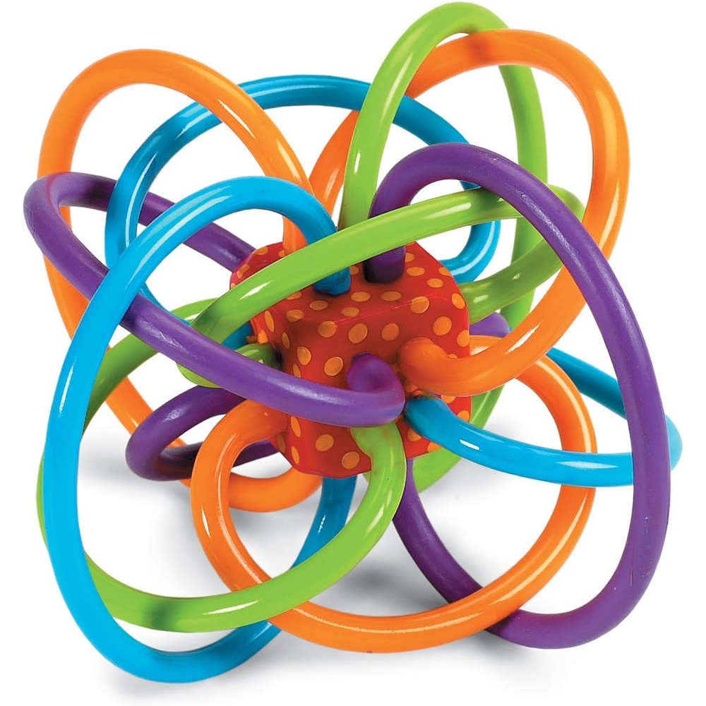 Manhattan Toy Winkel Rattle and Sensory Teether front view showing colorful interlocking tubes.