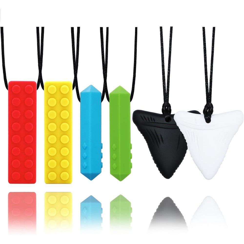 Hoaisun chewy necklaces for sensory kids front view showing six colorful silicone pendants