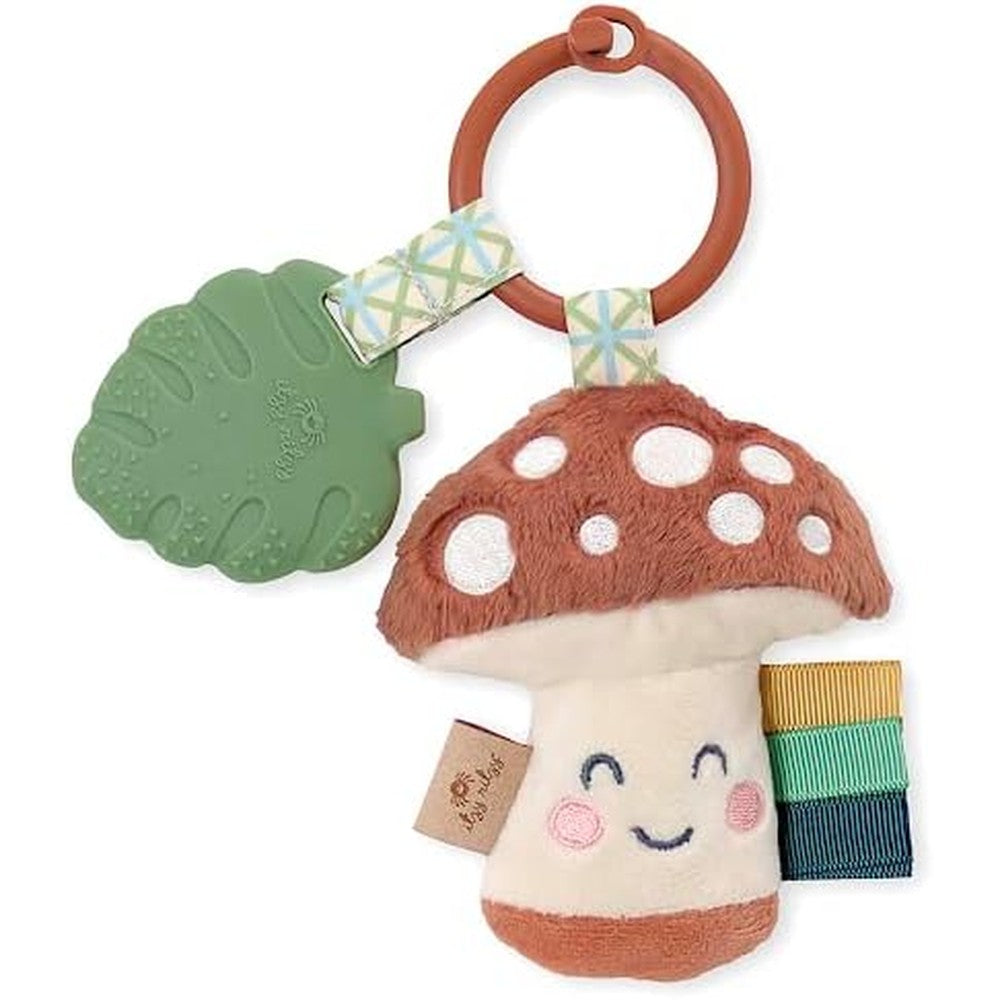 Itzy Ritzy Itzy Pal infant toy and teether front view showing the brown mushroom plush and green silicone ring.