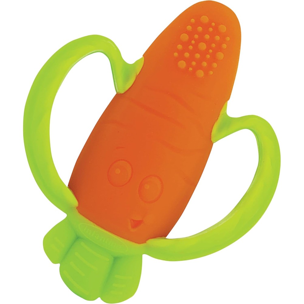 Infantino Lil Nibbles Textured Silicone Carrot Teether front view showing green handles.