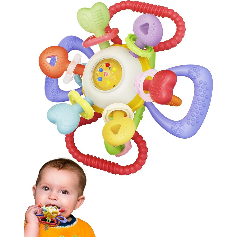 Infinno Baby Montessori Sensory Teething Toy front view showing multi colored silicone points and rattle ring