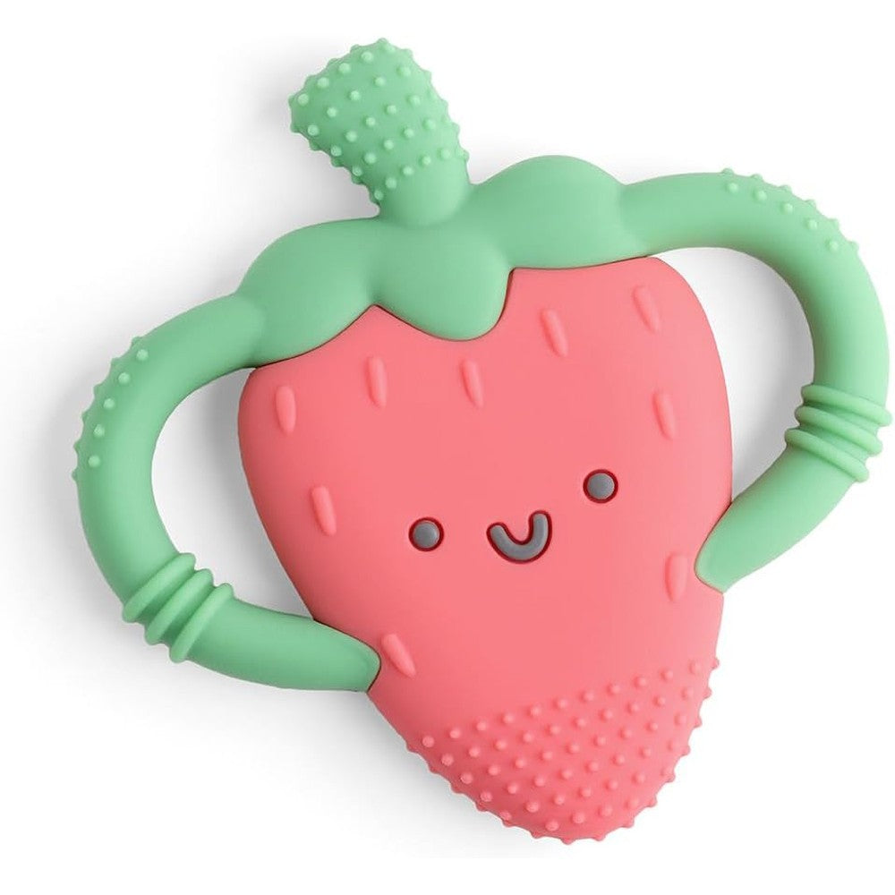 Itzy Ritzy Strawberry Shaped Baby Teether front view showing easy grab handles for infant teething relief