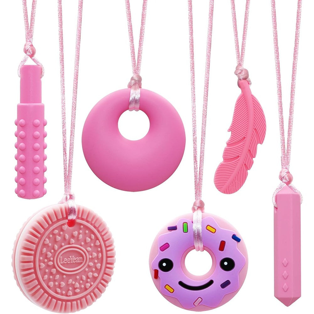 LeeYean sensory chew necklaces 6 pack front view with pink cookie and donut shapes.