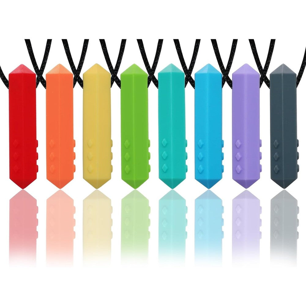 Hoaisun sensory chew necklaces 8 pack front view showcasing colorful crayon shapes for oral motor support