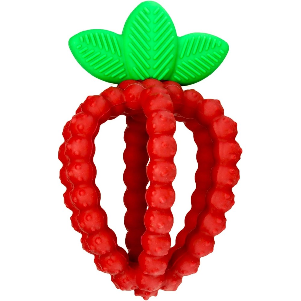 RaZbaby Bites Silicone Baby Teething Toy front view showing red strawberry design