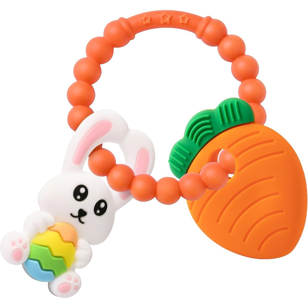 Cozzymore Easter bunny silicone teething toys front view showing textured rabbit and carrot designs.