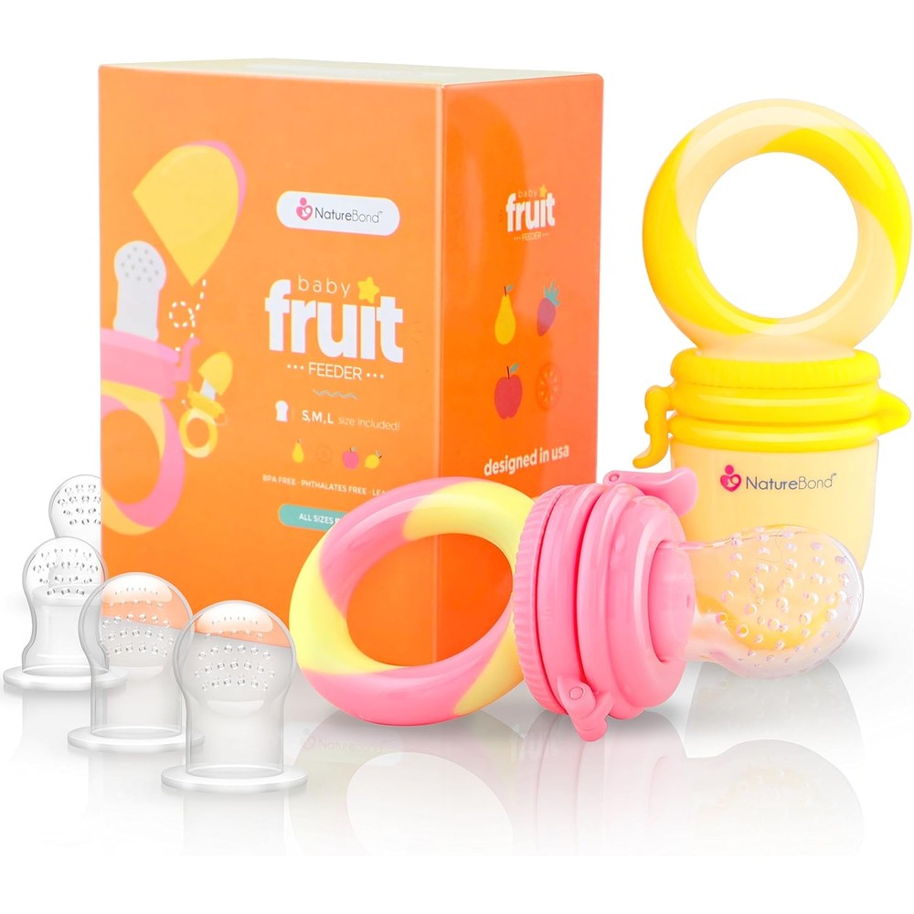NatureBond Baby Food Feeder front view showcasing the orange and yellow pacifiers.