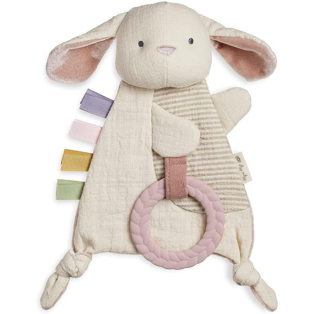 Itzy Ritzy Bitzy Crinkle Sensory Toy Bunny front view showcasing cotton plush body and braided teething ring.