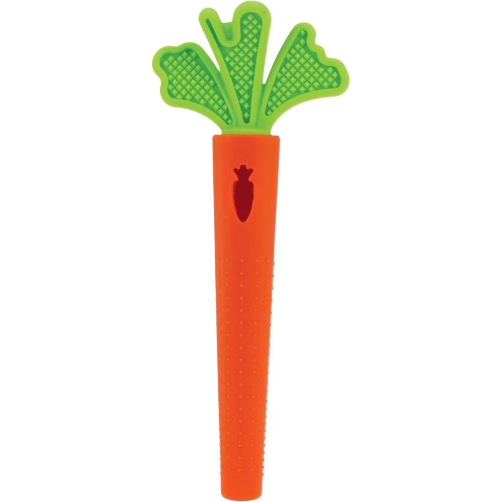 Nuby Silicone Carrot Tube Teether front view showing orange body and green textured top.