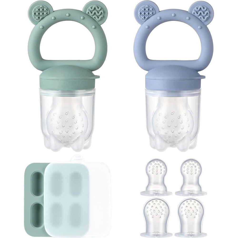 POIKSHARK silicone baby fruit feeder front view with blue and green bear handles