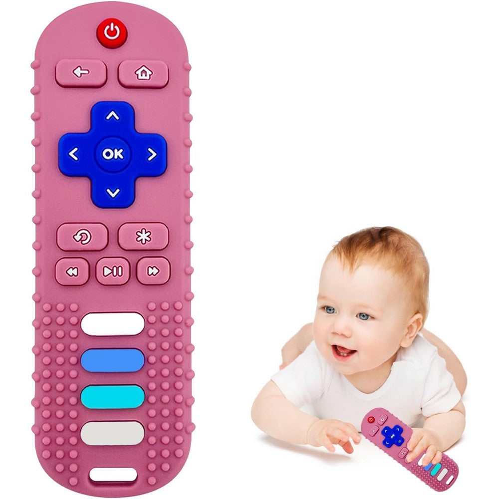 Robbear baby teething toy front view pink TV remote control silicone teether for infant gum relief