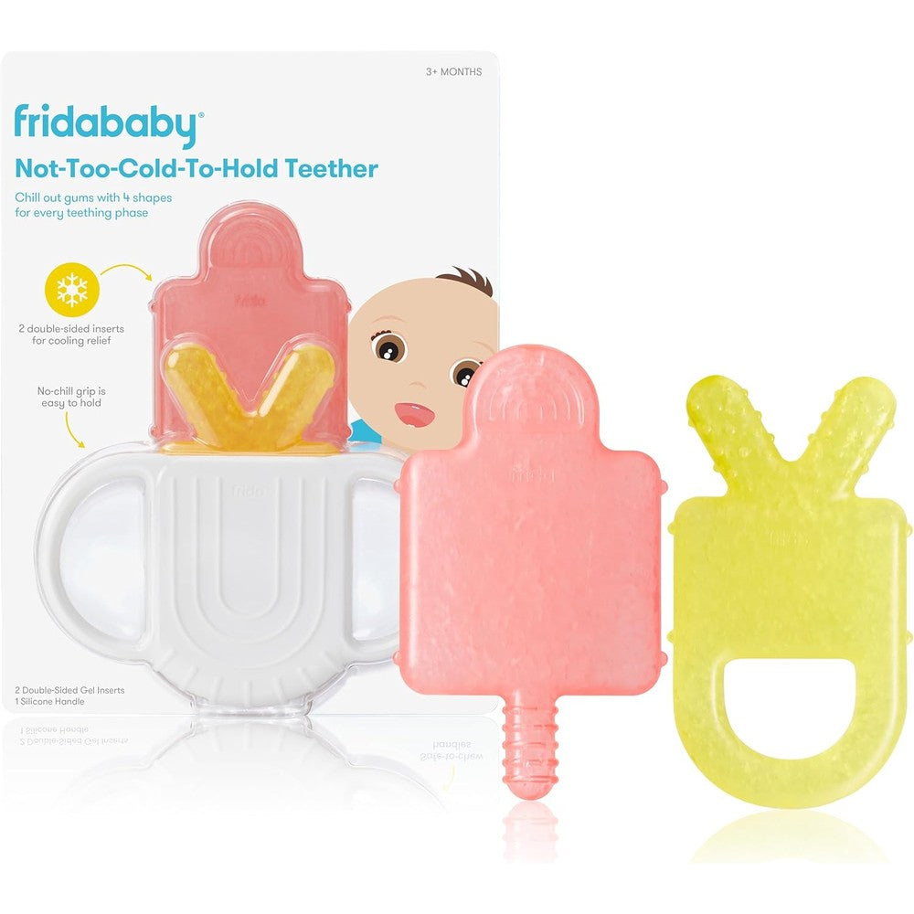 Frida Baby Silicone Teething Toys front view showing the white handle and yellow textured inserts.